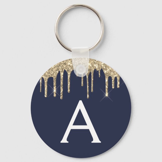 Gold Navy Blue Girly Sparkly Glitter Monogram Keychain (Front)