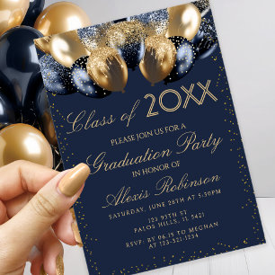 Gold Navy Blue Glitter Balloons Graduation Party Invitation