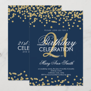 Gold Navy Blue Glitter Confetti 21st Birthday Invitation