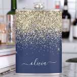 Gold Navy Blue Glitter Custom Monogram Name Hip Flask<br><div class="desc">Gold and Navy Blue Sparkle Glitter Brushed Metal Monogram Name and Initial Party Flask. This makes the perfect sweet 16 birthday,  wedding,  bridal shower,  anniversary,  baby shower or bachelorette party gift for someone that loves glam luxury and chic styles.</div>