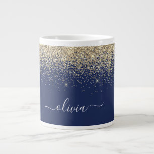 Gold Navy Blue Glitter Modern Monogram Name Large Coffee Mug