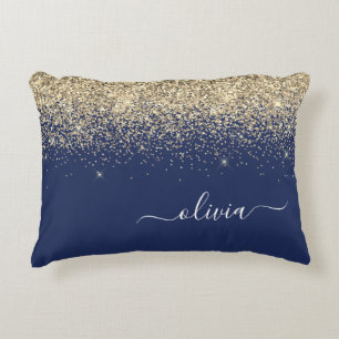 Gold Navy Blue Glitter Script Monogram Girly Name Accent Pillow