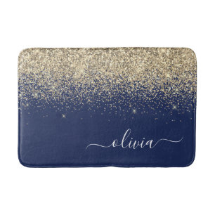 Gold Navy Blue Glitter Script Monogram Girly Name Bath Mat