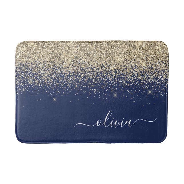Gold Navy Blue Glitter Script Monogram Girly Name Bath Mat (Front)