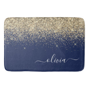 Gold Navy Blue Glitter Script Monogram Girly Name Bath Mat