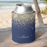 Gold Navy Blue Glitter Script Monogram Girly Name Can Cooler<br><div class="desc">Navy Blue and Gold Glitter and Sparkle Elegant Birthday or Bachelorette Party Can Coolers. These Wedding,  Bridal Shower or Birthday Party Can Coolers can be customized to include your first name. Please contact the designer for customized matching items.</div>