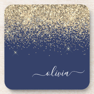 Gold Navy Blue Glitter Script Monogram Girly Name Coaster