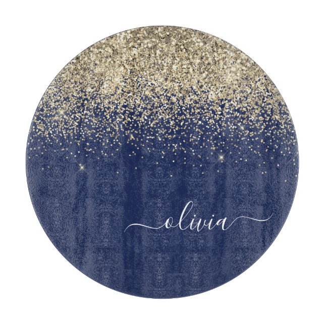 Gold Navy Blue Glitter Script Monogram Girly Name Cutting Board (Front)