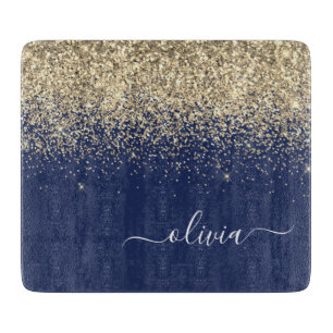 Gold Navy Blue Glitter Script Monogram Girly Name Cutting Board