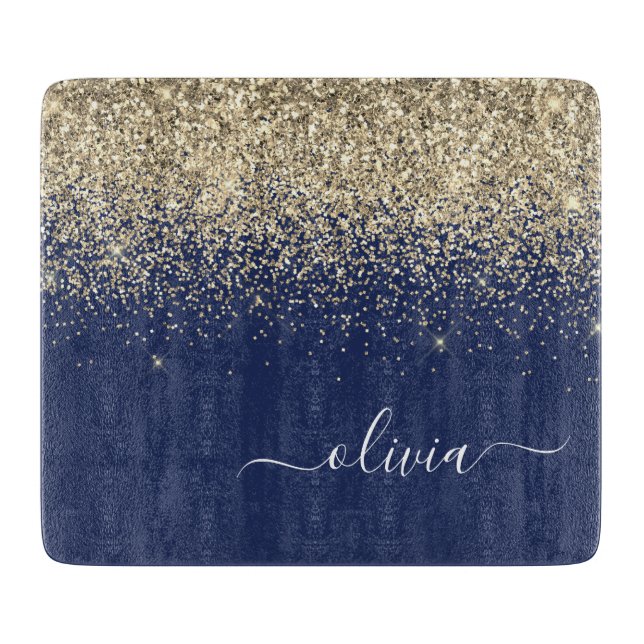 Gold Navy Blue Glitter Script Monogram Girly Name Cutting Board (Front)