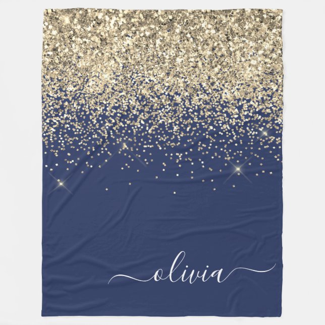 Gold Navy Blue Glitter Script Monogram Girly Name Fleece Blanket (Front)