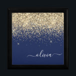 Gold Navy Blue Glitter Script Monogram Girly Name Gift Box<br><div class="desc">Navy Blue and Gold Sparkle Glitter script Monogram Name Jewellery Keepsake Box. This makes the perfect graduation,  birthday,  wedding,  bridal shower,  anniversary,  baby shower or bachelorette party gift for someone that loves glam luxury and chic styles.</div>