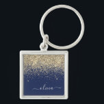 Gold Navy Blue Glitter Script Monogram Girly Name Keychain<br><div class="desc">Gold and Navy Blue Sparkle Glitter Script Monogram Name Keychains (Key Chain). This makes the perfect sweet 16 birthday,  wedding,  bridal shower,  anniversary,  baby shower or bachelorette party gift for someone that loves glam luxury and chic styles.</div>