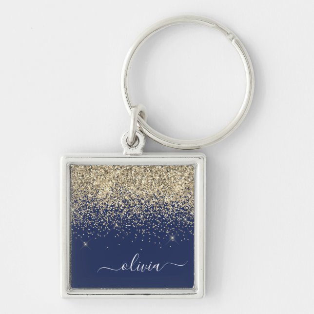 Gold Navy Blue Glitter Script Monogram Girly Name Keychain (Front)