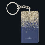 Gold Navy Blue Glitter Script Monogram Girly Name Keychain<br><div class="desc">Gold and Navy Blue Sparkle Glitter Script Monogram Name Keychain. This makes the perfect sweet 16 birthday,  wedding,  bridal shower,  anniversary,  baby shower or bachelorette party gift for someone that loves glam luxury and chic styles.</div>