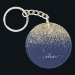 Gold Navy Blue Glitter Script Monogram Girly Name Keychain<br><div class="desc">Gold and Navy Blue Sparkle Glitter Script Monogram Name Keychain. This makes the perfect sweet 16 birthday,  wedding,  bridal shower,  anniversary,  baby shower or bachelorette party gift for someone that loves glam luxury and chic styles.</div>