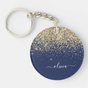 Gold Navy Blue Glitter Script Monogram Girly Name Keychain