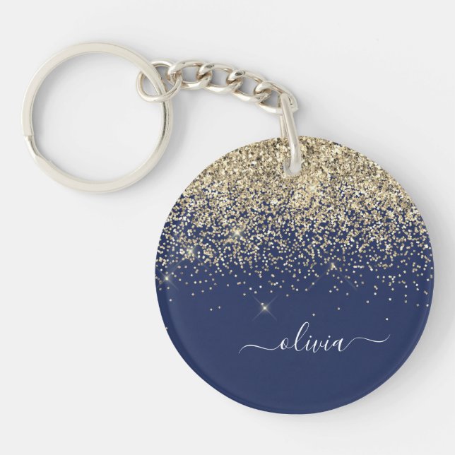 Gold Navy Blue Glitter Script Monogram Girly Name Keychain (Front)