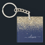 Gold Navy Blue Glitter Script Monogram Girly Name Keychain<br><div class="desc">Navy Blue and Gold Faux Foil Sparkle Glitter Script Monogram Name Keychain. This makes the perfect sweet 16 birthday,  wedding,  bridal shower,  anniversary,  baby shower or bachelorette party gift for someone that loves glam luxury and chic styles.</div>
