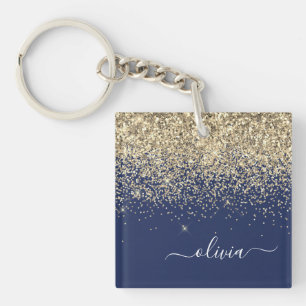 Gold Navy Blue Glitter Script Monogram Girly Name Keychain