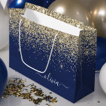 Gold Navy Blue Glitter Script Monogram Girly Name Large Gift Bag<br><div class="desc">Navy Blue and Gold Sparkle Glitter Script Monogram Name Gift Bag. This makes the perfect sweet 16 birthday,  wedding,  bridal shower,  anniversary,  baby shower or bachelorette party gift bag for someone that loves glam luxury and chic styles.</div>