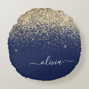 Gold Navy Blue Glitter Script Monogram Girly Name Round Pillow