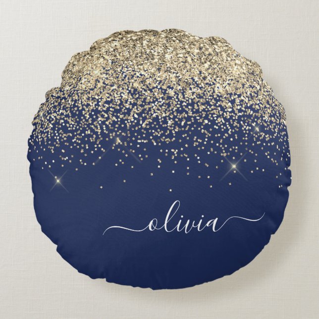 Gold Navy Blue Glitter Script Monogram Girly Name Round Pillow (Front)
