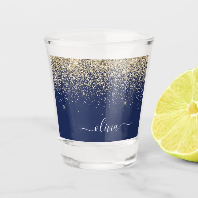 Gold Navy Blue Glitter Script Monogram Girly Name Shot Glass (Front)