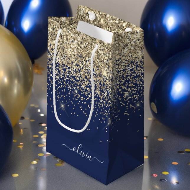 Gold Navy Blue Glitter Script Monogram Girly Name Small Gift Bag (Creator Uploaded)