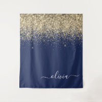 Gold Navy Blue Glitter Script Monogram Girly Name