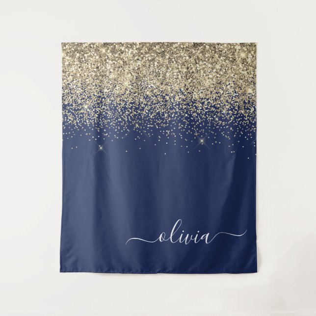 Gold Navy Blue Glitter Script Monogram Girly Name Tapestry (Front)