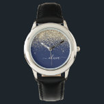 Gold Navy Blue Glitter Script Monogram Girly Name Watch<br><div class="desc">Navy Blue and Gold Sparkle Glitter Script Monogram Name Watch. This makes the perfect sweet 16 birthday,  wedding,  bridal shower,  anniversary,  baby shower or bachelorette party gift for someone that loves glam luxury and chic styles.</div>
