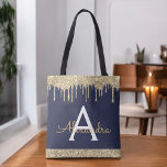 Gold Navy Blue Glitter Spakle Elegant Monogram Tote Bag<br><div class="desc">Luxury Gold and Navy Blue Faux Sparkle and Glitter Elegant Monogram Book Bag. This Book Bag can be customized to include your initial and first name and given as a gift for Christmas,  Sweet 16 Birthday,  Bridal Shower or a Wedding.</div>