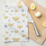 Gold & Navy Blue  Hanukkah Menorah Pattern Kitchen Towel<br><div class="desc">This design features a gold menorah and Star of David pattern and a medallion with matching menorah and blue and gold bouquet of flowers. The pearl grey smoke white blue background colour on this cute watercolor reindeer pattern design may be changed to, literally, any colour you like! Just choose the...</div>