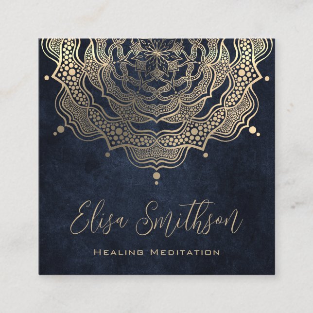  Gold & Navy Blue Mandala Reiki Healing Meditation Square Business Card (Front)