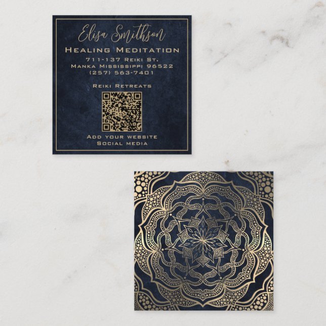  Gold & Navy Blue Mandala Reiki Healing Meditation Square Business Card (Front/Back)