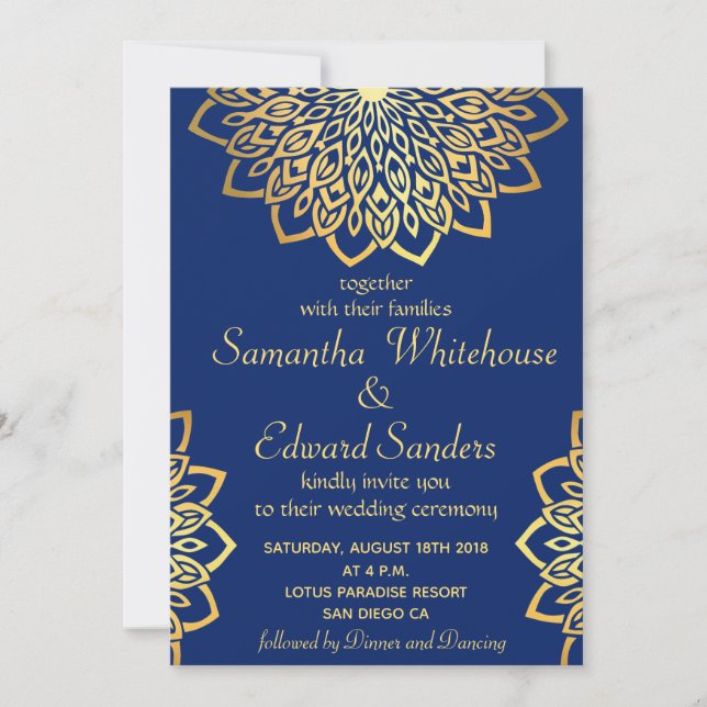 Gold Navy Blue Mandala Wedding Invitation (Front)
