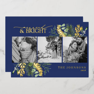 Gold Navy Blue Married & Bright Black White Photo Foil Holiday Card