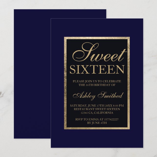 Gold navy blue modern elegant chic Sweet 16 Invitation (Front/Back)