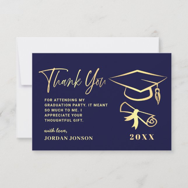 Gold Navy Blue Modern Graduation Party Thank You Card (Front)