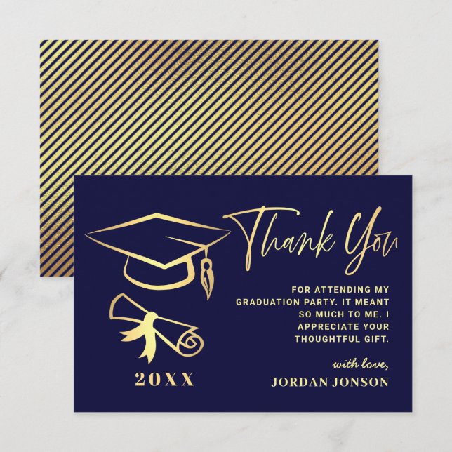 Gold Navy Blue Modern Graduation Party Thank You Card (Front/Back)