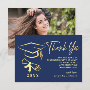 Gold Navy Blue Modern Graduation PHOTO Thank You Card