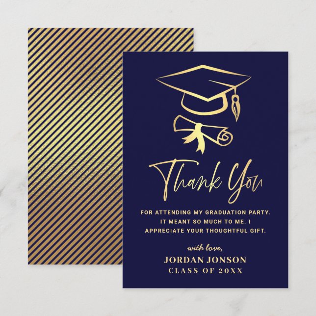 Gold Navy Blue Modern Graduation Thank You Card (Front/Back)