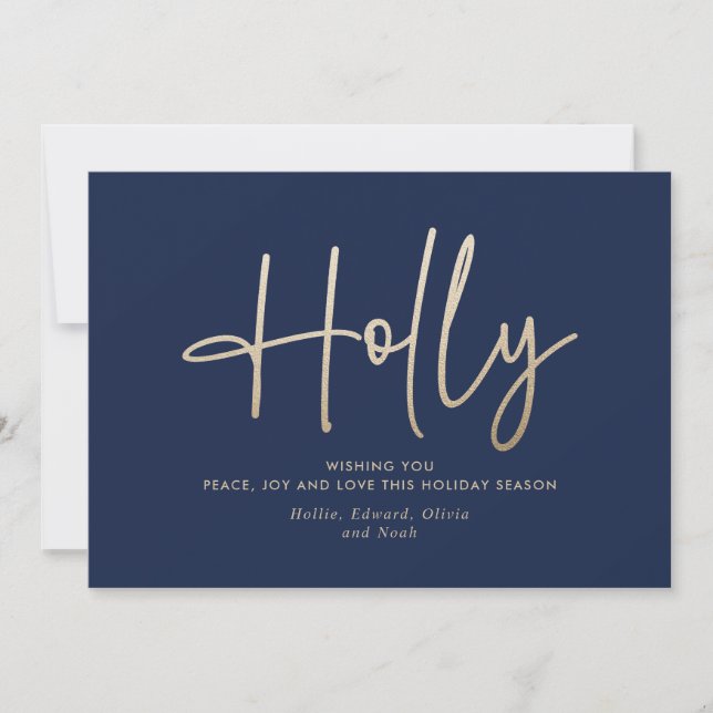 Gold navy blue modern minimal script elegant holiday card (Front)
