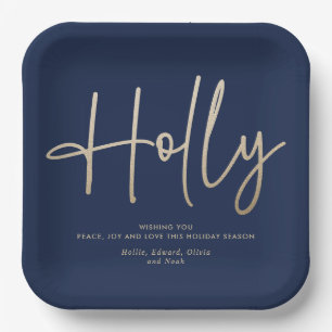 Gold navy blue modern minimal script elegant paper plate