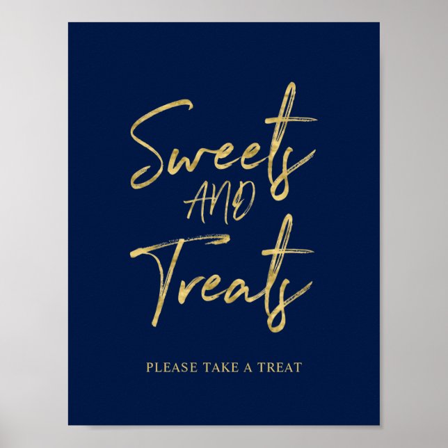 Gold & Navy Blue Modern Sweets & Treats Party Sign (Front)