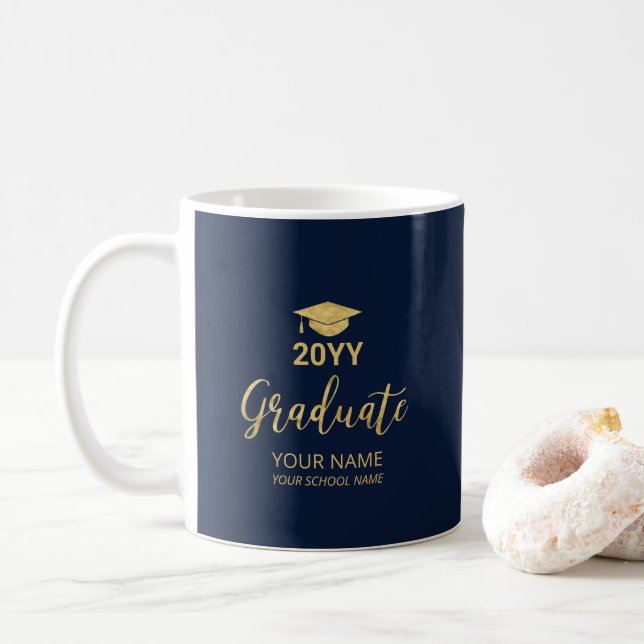 Gold & Navy Blue Personalized Graduation Gifts Coffee Mug (With Donut)