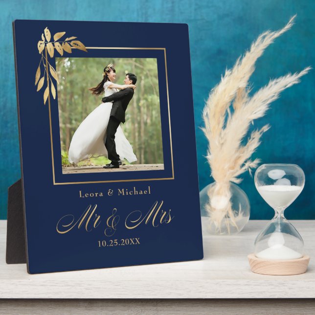 Gold Navy Blue Personalized Wedding Keepsake Photo Plaque (Side)