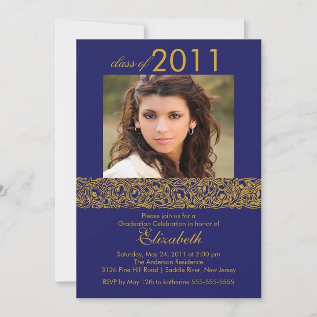 Gold & Navy Blue Photo Graduation Invitation (Front)