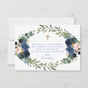 Gold Navy Blue Pink Floral Wreath Boy Dedication Thank You Card